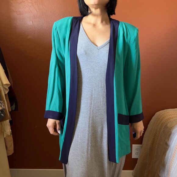 vtg 80s color blocked green open front blazer size 14 made in USA casual - Picture 2 of 12